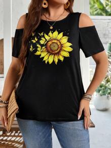 EMERY ROSE Femmes grande taille T-shirt décontracté à manches courtes avec imprimé tournesol et papillon, épaules dénudées. Style campagne chic pour les vacances. Simple et pour le port quotidien. Hauts d'été pour femmes, tenue de bureau pour les vacances, festival boho, sortie simple et - Noir - Voir 6