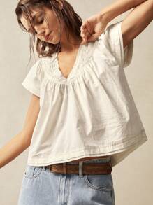 Bohemela BOHO Solid Woven V-Neck Short Sleeve Loose Blouse For Women