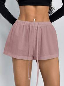 SHEIN PETITE Pantalones cortos casuales sueltos de mujer con cordón en la cintura y unicolor