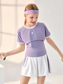 JNSQ Tween Girl Back To School Outdoor Sports Vest Set, Children's Round Neck Patchwork Ribbon Contrast Color 3D Embroidery Outdoor Sports Vest Set Top - Mauve Purple - View 4