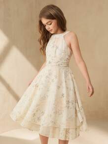 SHEIN 优雅可爱的绿色女童长款无袖连衣裙，适合度假、婚礼、花童、节日表演、舞会、派对、生日等场合