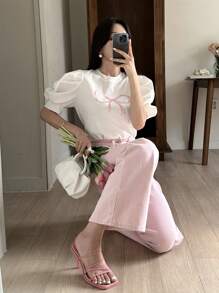 DAZY Women's Round Neck Short Sleeve Bow Print Casual Top, Everyday Wear,Graphic Tees,Back To School Clothes - White - View 7