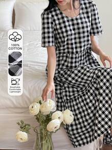 DAZY Women's Long V-Neck Loose Plaid Dress, Elegant Style,Casual Women Dresses - Black and White - View 1