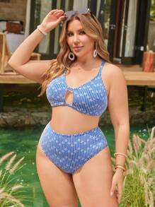 SHEIN Swim Curve Plus Size Women 2pcs/Set Random Ditsy Floral Casual Vacation Strap Tankini Swimsuit - Royal Blue - View 5