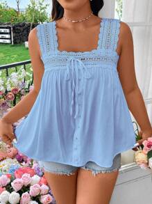 Flirla 大码度假休闲纯色蕾丝边无袖衬衫