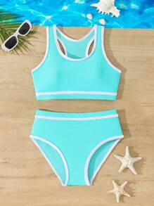 SHEIN Tween Girls Colorblock Trim Round Neck Bikini 2 Pieces Swimwear Set Young Girls Sets Summer Young Girls Sets Bathing Suits For Teens Teen Girls Bikini Sets Bathing Suits For Teens Teen Girls Bikini Sets Teen Girls Bikini Sets Bathing Suits For Girls Young Girls Bikini Sets - Blue - View 3