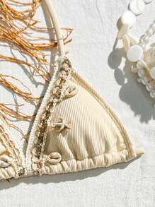 SHEIN Tween Girls' Shell Decor Halter Bikini Swimwear Set Summer Holiday - Beige - View 3