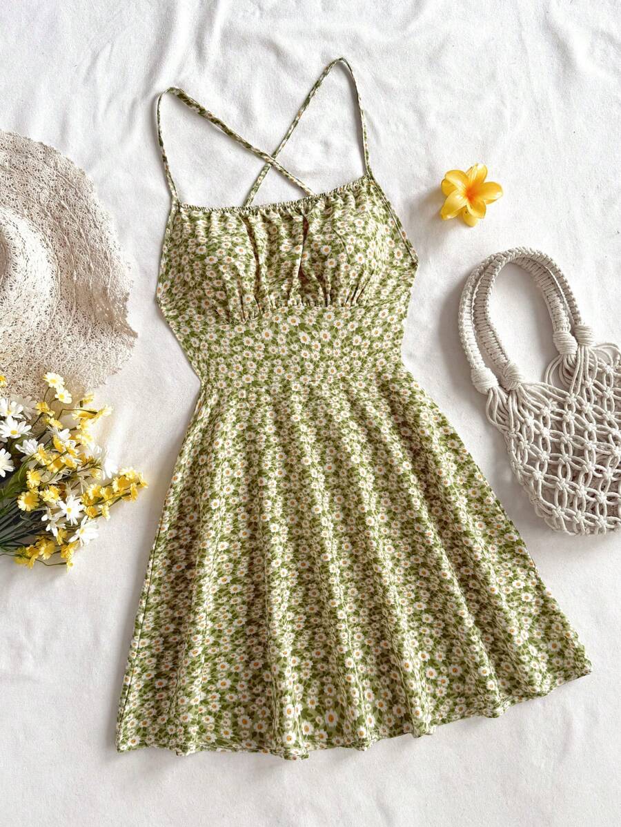 Soleia Ditsy Blumen Kreuz Schnürung Rückenfrei Spaghettiträger Mini Kleid, Sommer