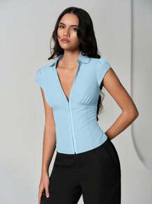 TRNVIE Smog Blue Cinched Waist Button V-Neck Casual Elegant Women Cap Sleeve Blouse - Baby Blue - View 3