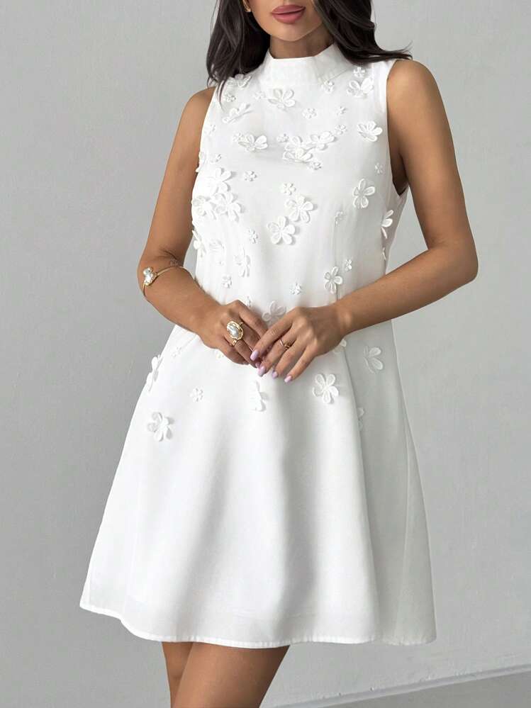 Firerie Vestido Curto Branco Solto com Decote A-Line, Estampa Floral 3D, Sem Mangas, Elegante e Casual, Adequado para Uso Diário e Férias - Branco - Visão 1