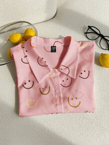 SHEIN EZwear 大码彩色笑脸印花前扣衬衫，粉色 - 粉色 - 查看 5