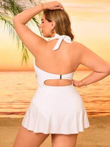 Swim Lushoire Plus Size Women 2pcs/Set Solid Color Swimdress, Pleated Front, Belt Waist, Halter Style, Casual & Vacation Swimwear For Summer