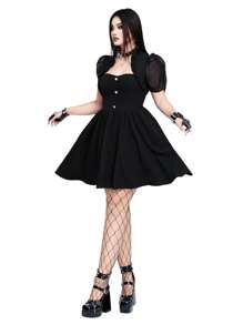 Whyspr Vestido Patchwork de Manga Bufante de Organza Estilo Casual Punk Rave Plus Size - Preto - Visão 3