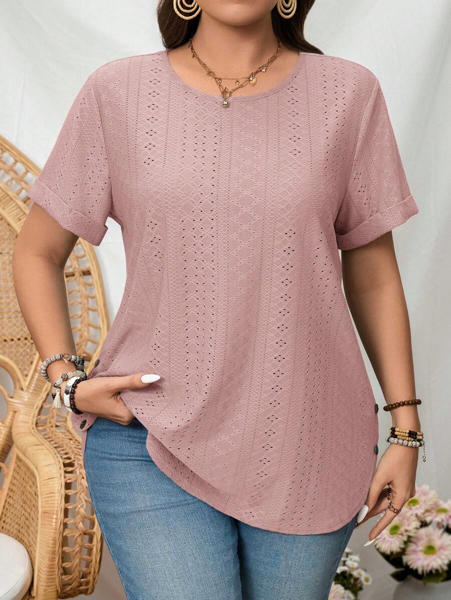 SHEIN LUNE Plus Size Solid Color Round Neck Short Sleeve Casual T-Shirt - Dusty Pink - View 1