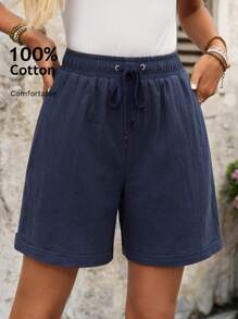 EMERY ROSE 女士纯色抽绳腰宽松休闲百搭短裤夏季女式100%纯棉 - 藍色 - 查看 1
