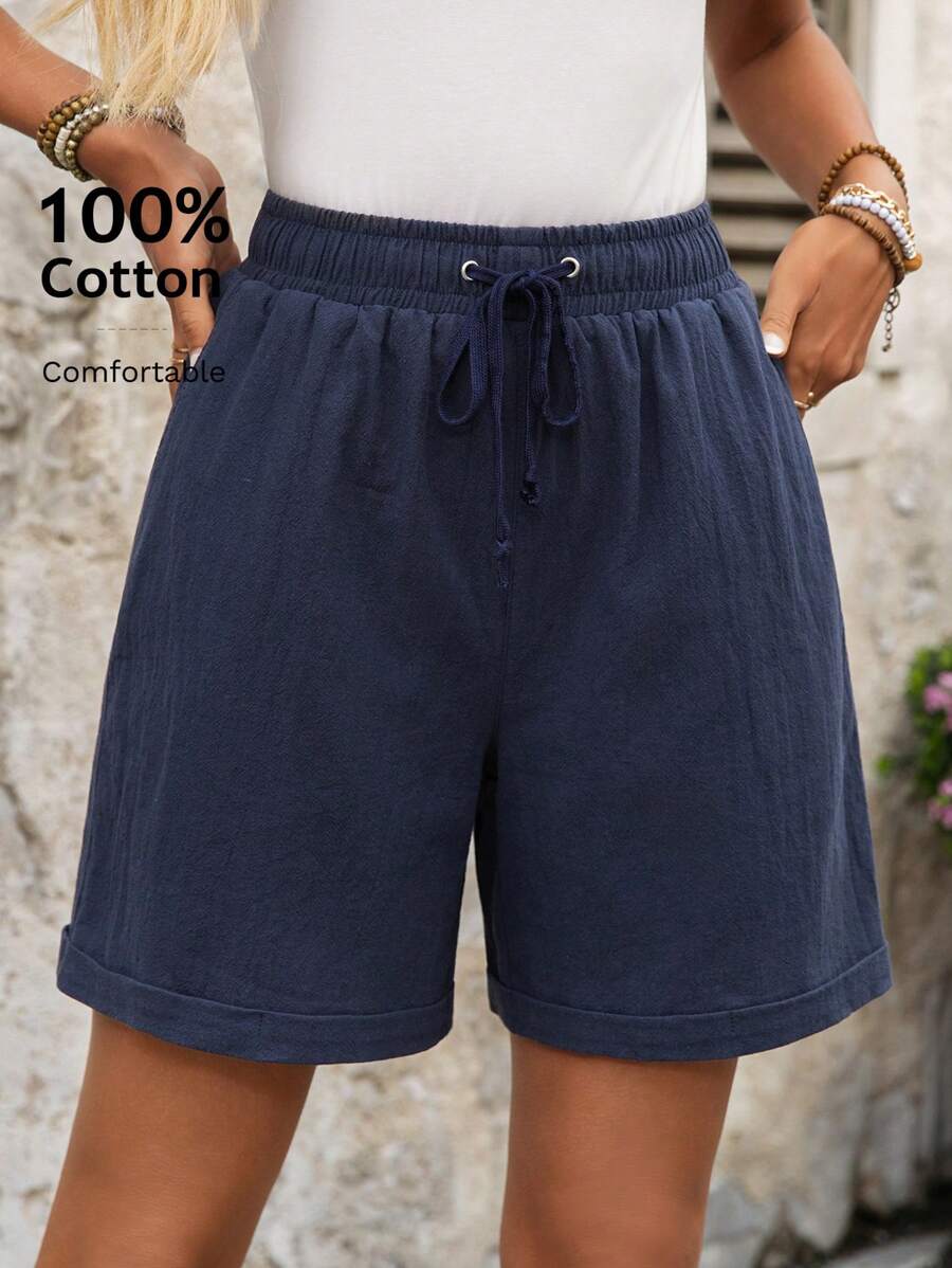 EMERY ROSE 女士纯色抽绳腰宽松休闲百搭短裤夏季女式100%纯棉 - 藍色 - 查看 1
