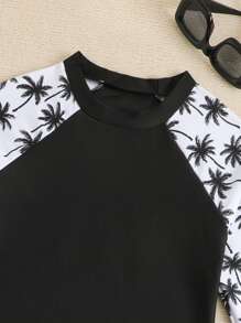 Tween Girls Coconut Tree Print Long Sleeve & Shorts Bikini Set, Beach Holiday Swimwear, Rash Guard Long Sleeve Bathing Suit Kids Two Pieces Bathing Suit For Kids - Multicolor - View 5