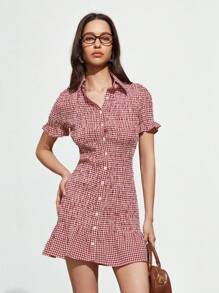 Aveloria Affinna Nuevo vestido mini ajustado de manga corta con volante en el bajo, cintura fruncida, botones delanteros y estampado de cuadros para mujer, apto para primavera/verano