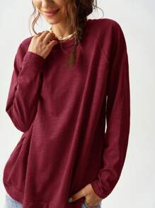 Bohemela Camiseta holgada de manga raglán de cuello redondo de punto de unicolor de vacaciones para mujeres