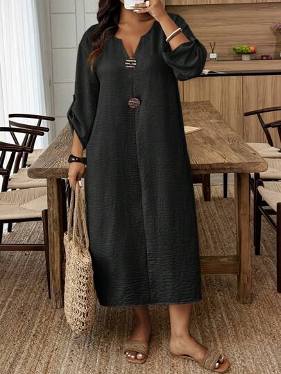 EMERY ROSE Plus Size Notched Neck Roll Sleeve Casual Holiday Dress BASICS