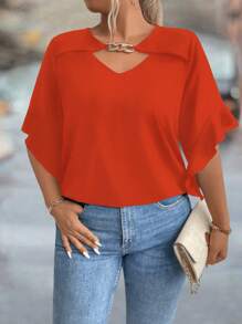 SHEIN Clasi Camisa informal sólida con manga abullonada hueca y decorativa para tallas grandes - Naranja Coral - Ver 4