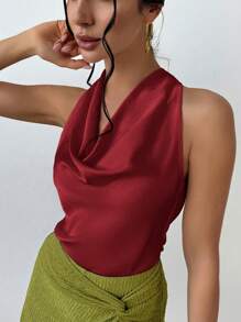 Firerie Áo sơ mi nữ thanh lịch tối giản màu mơ có dây buộc cổ - Màu Đỏ Sâu - Xem 4