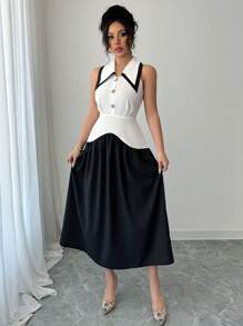 Elenzga Vestido sem mangas preto e branco com blocos de cores e comprimento médio - Preto e Branco - Ver 3