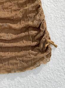 SHEIN Tween Girl Solid Color Hollow Out Ruched Skirt, Vacation/Beach - Coffee Brown - View 3
