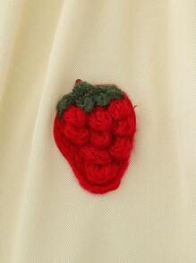 Young Girls' Fashion Solid Color Strawberry Embroidered Lapel Short Sleeve A-Line Elastic Waist Casual Dress, Suitable For Daily Wear, Summer Summer Holiday