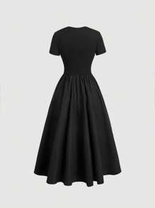 SHEIN PETITE Women's Solid Color Round Neck Short Sleeve Cinched Waist Elegant Long Dress,Summer Dresses For Women - Black - View 2