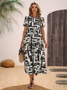 EMERY ROSE Geometric Print Round Neck Short Sleeve Long Casual Dress For Women, Spring & Summer - Black and White - View 4