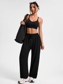 Easithlete Women's Solid Color Drawstring Waist Sports Yoga Wide Leg Pants - Black - View 5