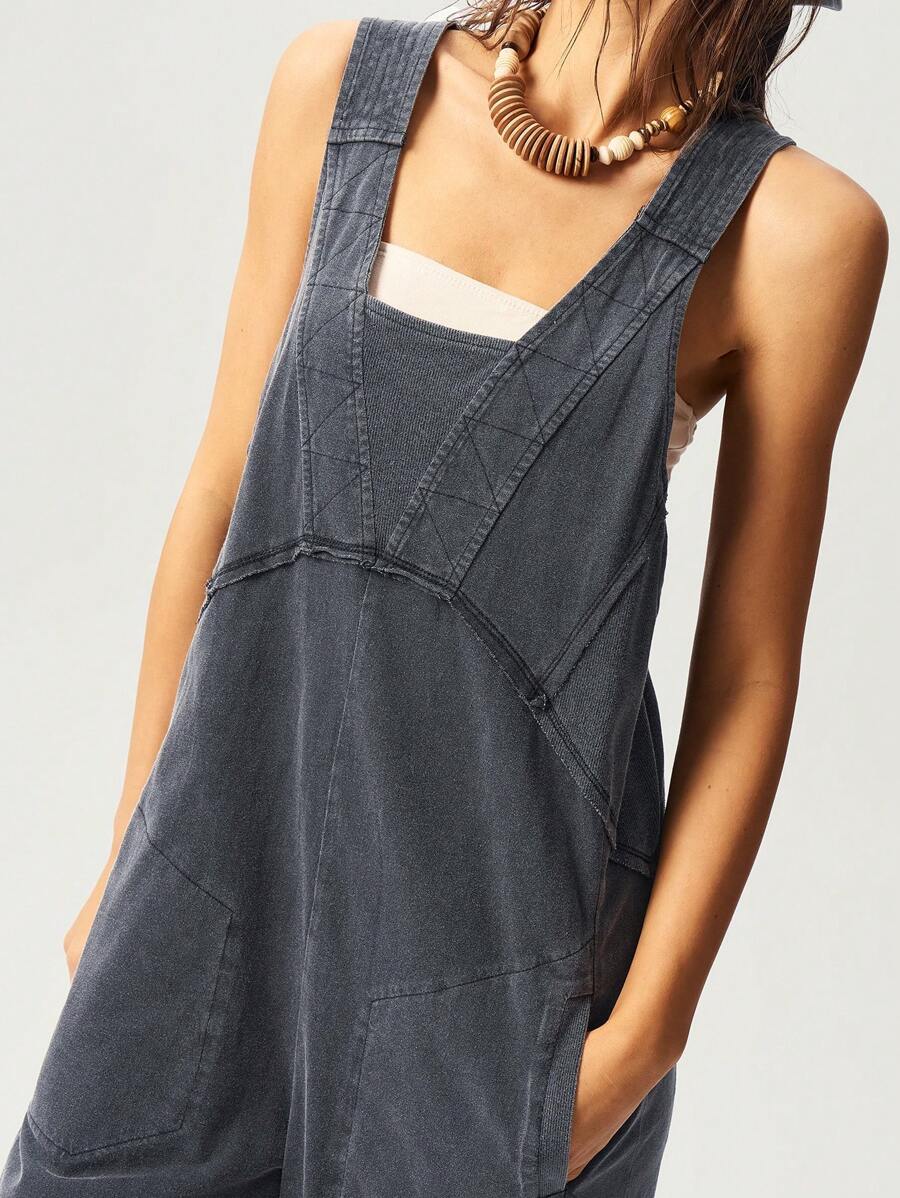 Bohemela 复活节音乐节波西米亚风休闲纯色针织口袋宽松阔腿水洗女连体裤