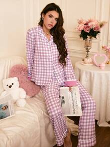 格子蝴蝶结荷叶边长袖长裤女士睡衣套装，秋冬服装 - 彩色 - 查看 4
