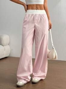SHEIN PETITE Women's Button Design Bow Decor Striped Wide Leg Pants Fall Cloth For Women - Pink - View 3