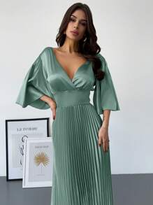 Firerie Vestido largo elegante y romántico de cuello en V con mangas con volantes, cintura alta y plisado dorado
