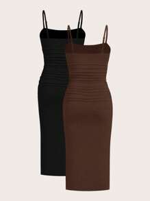 SHEIN EZwear 2pcs/Set Women's Summer Knitted Slim Camisole Dress - Brown - View 2