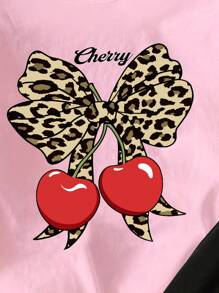 SHEIN Kleine Mädchen 2 Stücke Lässig Kirsch- und Leoprint Schleife Dekor Kurzarm T-Shirt und Shorts Set - Verschiedenfarbig - Übersicht 4