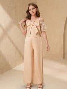 SHEIN Tween-Mädchen Unifarben Off-Shoulder Strickkleid mit floralem Patchwork und enger Passform, elegantes rotes Prinzessinnenkleid