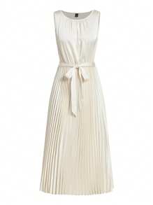 Ellevyn Abito elegante da donna in satin liscio plissettato in vita, linea ad A, adatto a varie occasioni, abbigliamento da donna per vacanze