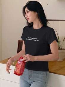 DAZY Women Round Neck Printed Slogan Summer Short Sleeve T-Shirt HAPPINESS IS THE BEST MAKE UP - Black - View 3