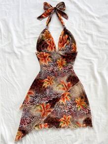 Soleia 女士花卉豹纹百褶露背迷你连衣裙，夏季度假 - 彩色 - 查看 2