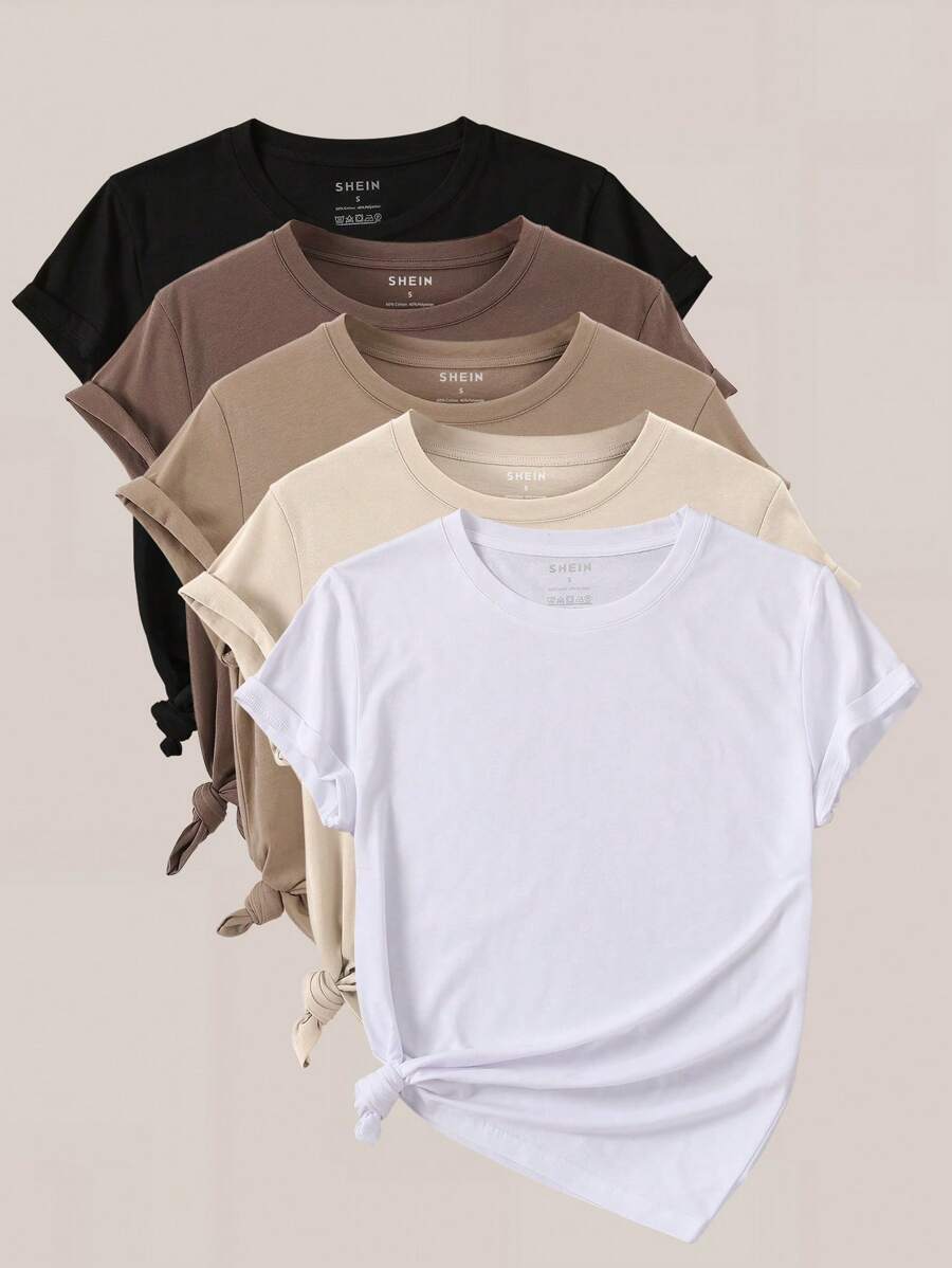 INAWLY 女式纯色圆领短袖休闲百搭T恤上衣 - 彩色 - 查看 1