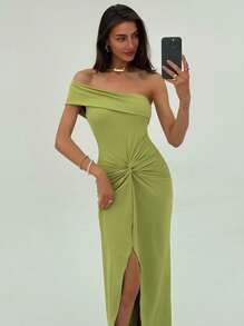 Aloruh Elegant Off Shoulder Twisted Waist Decor High Slit Bodycon Dress - Olive Green - View 6