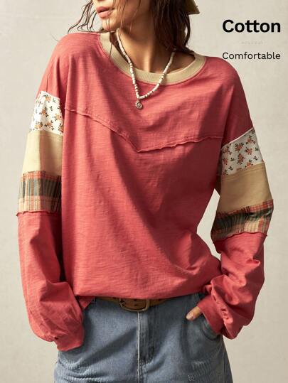 Bohemela 乡村度假风休闲针织拼布圆领长袖宽松T恤女装春季