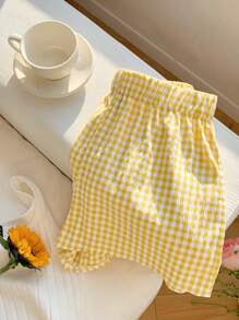 Comfortcana Plus Size Yellow Plaid Wide Leg Loose Holiday Casual Pants, Summer - Yellow - View 3