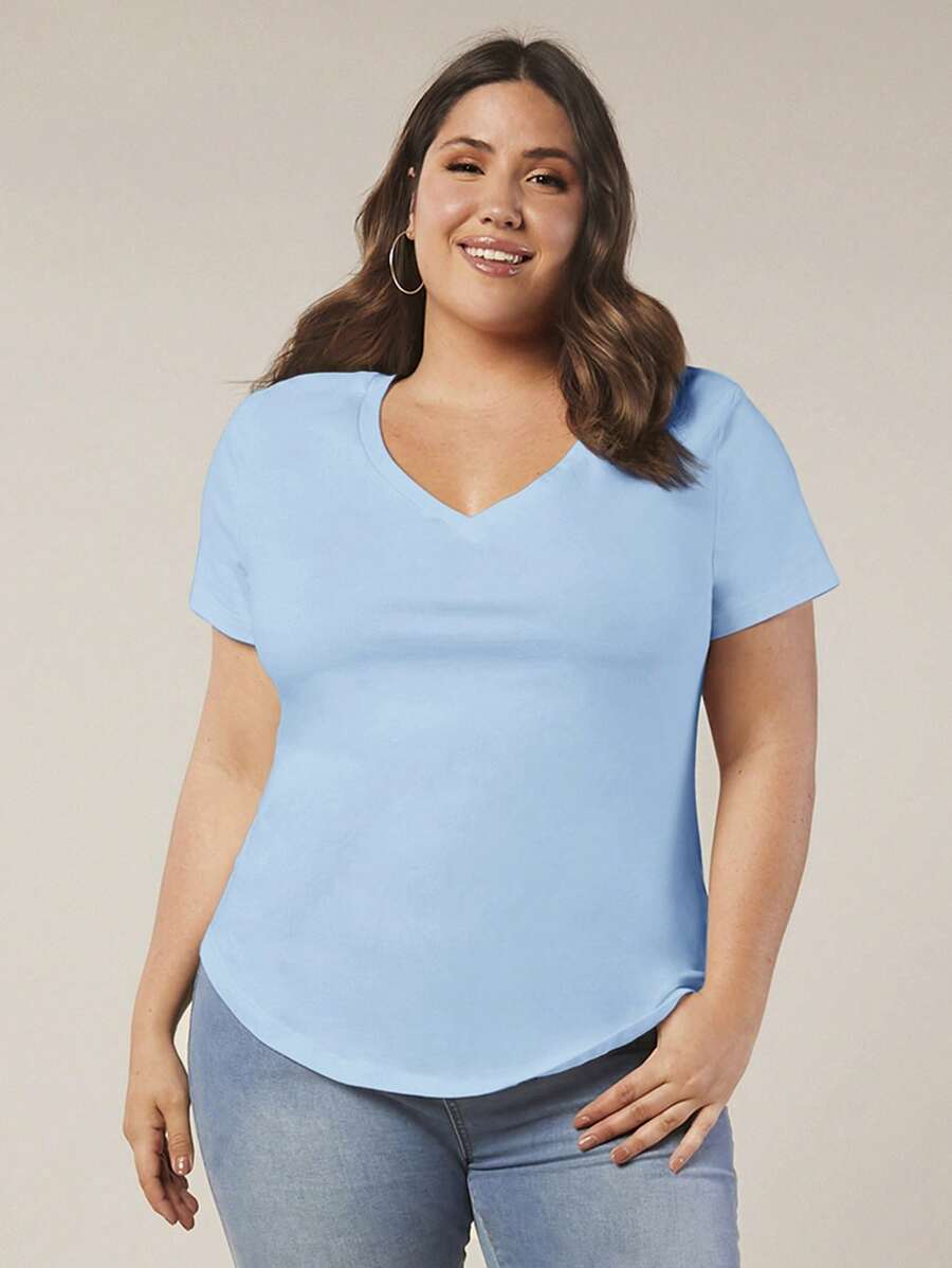 SHEIN BASICS Camiseta de manga corta con cuello en V de unicolor talla grande, simple y de moda para el verano - Azul - Ver 1