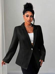 Maweii Plus Size Solid Color Single Button Elegant Office Wear Long Sleeve Blazer - Black - View 6