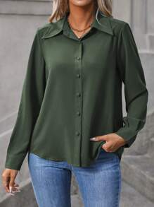 Vionelle Plus Size Solid Color Romantic Long Sleeve Shirt With Lapel Collar And Front Buttons Fall Cloth For Women - Army Green - View 5