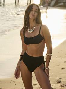 Aralina Textured Drawstring High Waisted Bikini Swimwear Set With Swim Bag For Summer Beach Vacation - Black - View 1